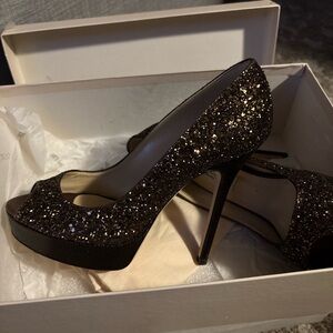 Jimmy Choo Brown Glitter Peep-Toe Heels